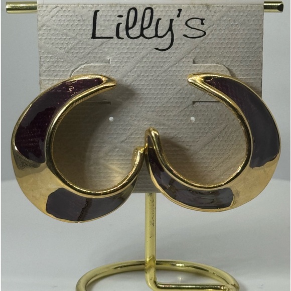 Vintage Unique Gold and Burgundy  Crescent Hoop Earrings NWT - Picture 5 of 9